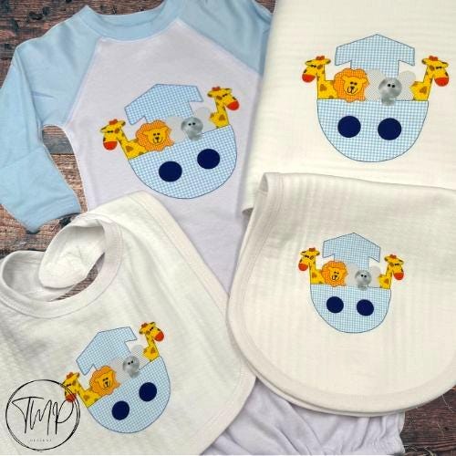 Noah's Ark Baby Blanket Set, Blue Cotton Bib and Burp Pad