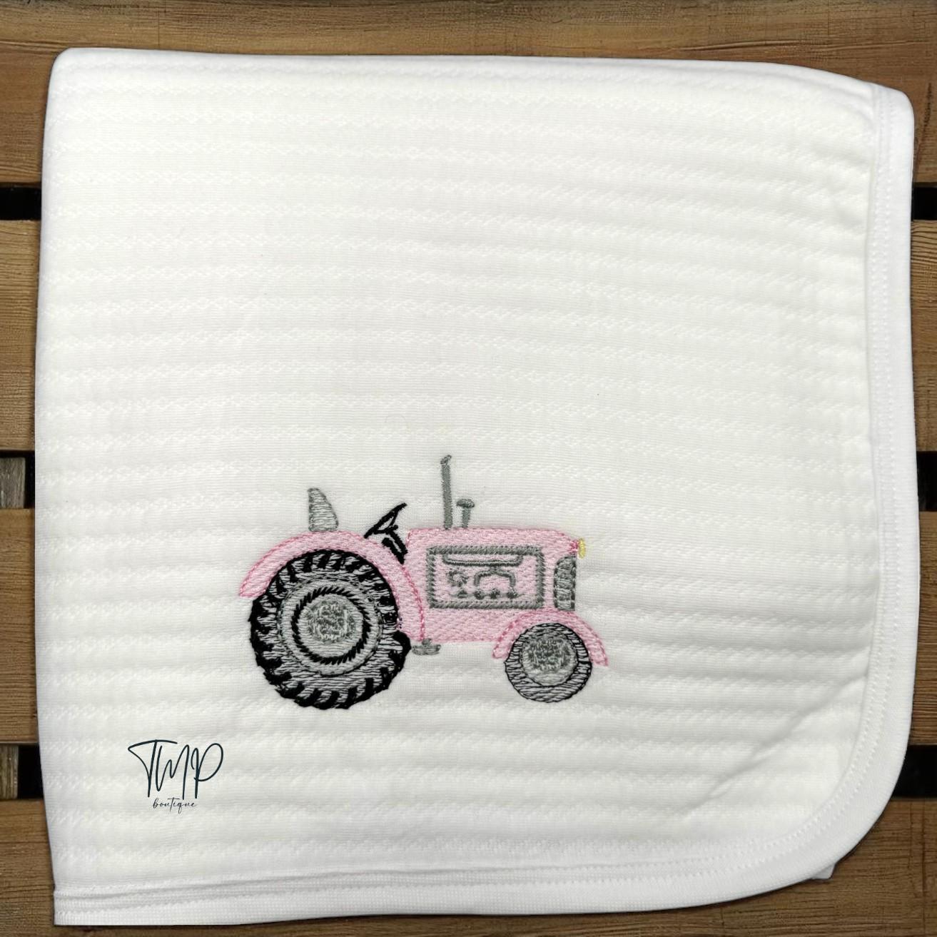 Personalized Pink Tractor Baby Blanket Set: Embroidered Farm Gift