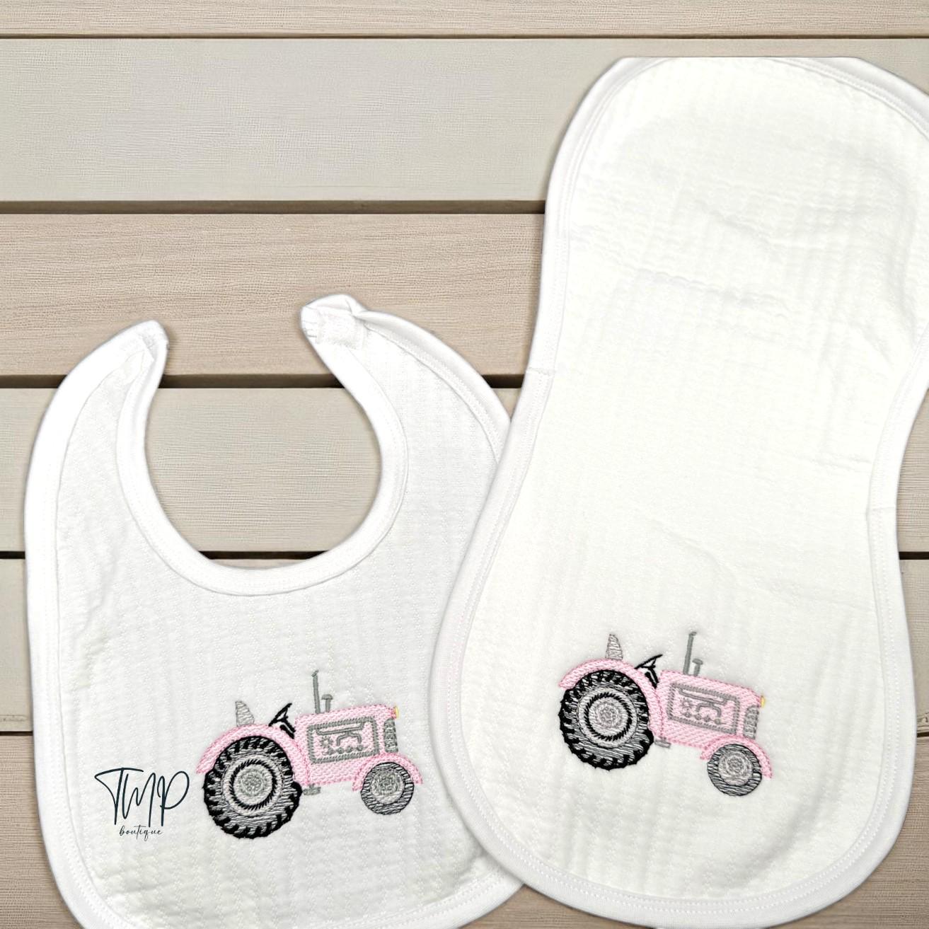 Personalized Pink Tractor Baby Blanket Set: Embroidered Farm Gift