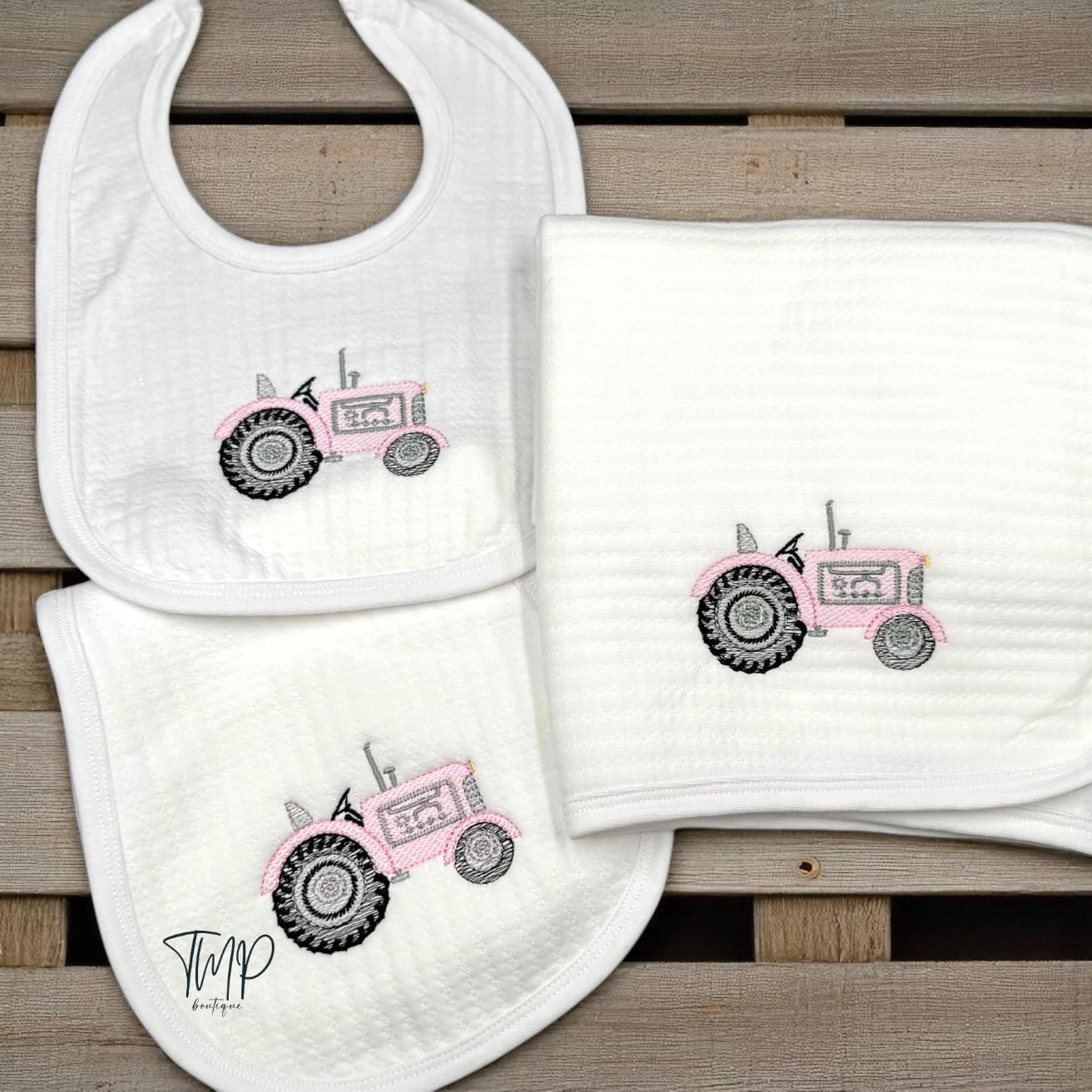Personalized Pink Tractor Baby Blanket Set: Embroidered Farm Gift