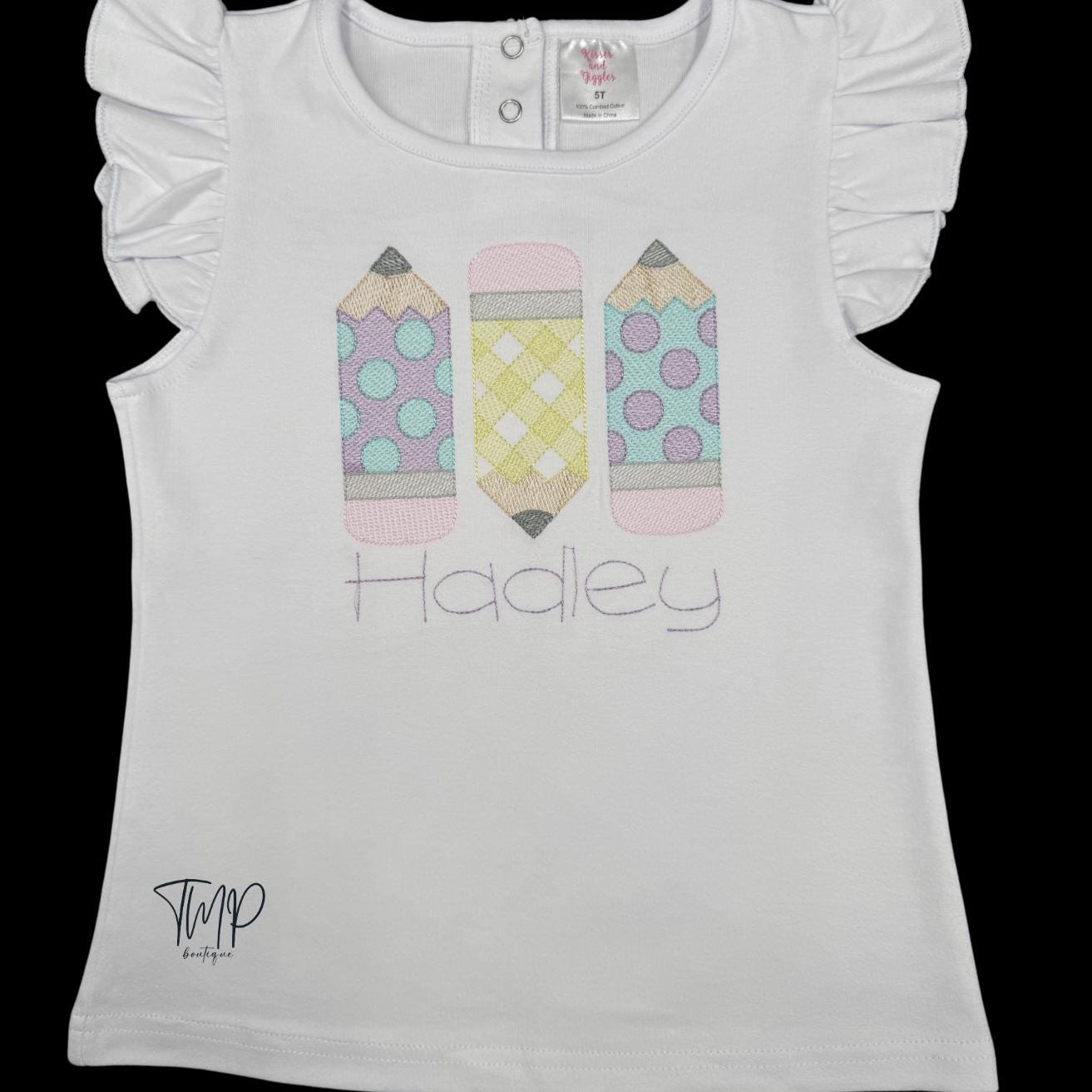 Embroidered Pencil Back to School Shirt: Ruffle Sleeve Cotton Top