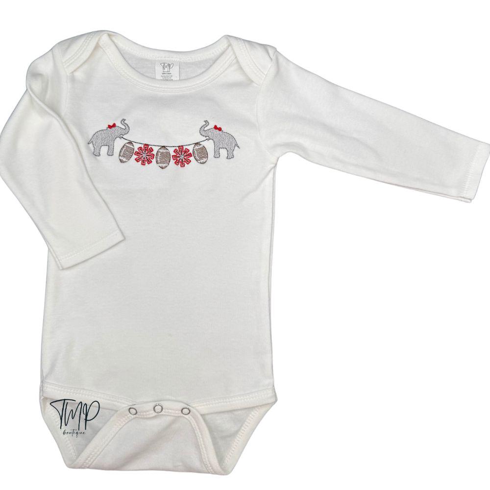 Elephant Football Baby Girl Bodysuit, Embroidered Game Day Outfit, Long Sleeve Baby Romper, Personalized Football Gift