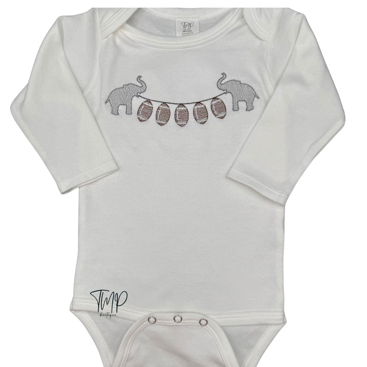 Elephant Football Baby Bodysuit, Embroidered Game Day Baby Boy Outfit, Long Sleeve Football Romper, Tailgate Baby Gift