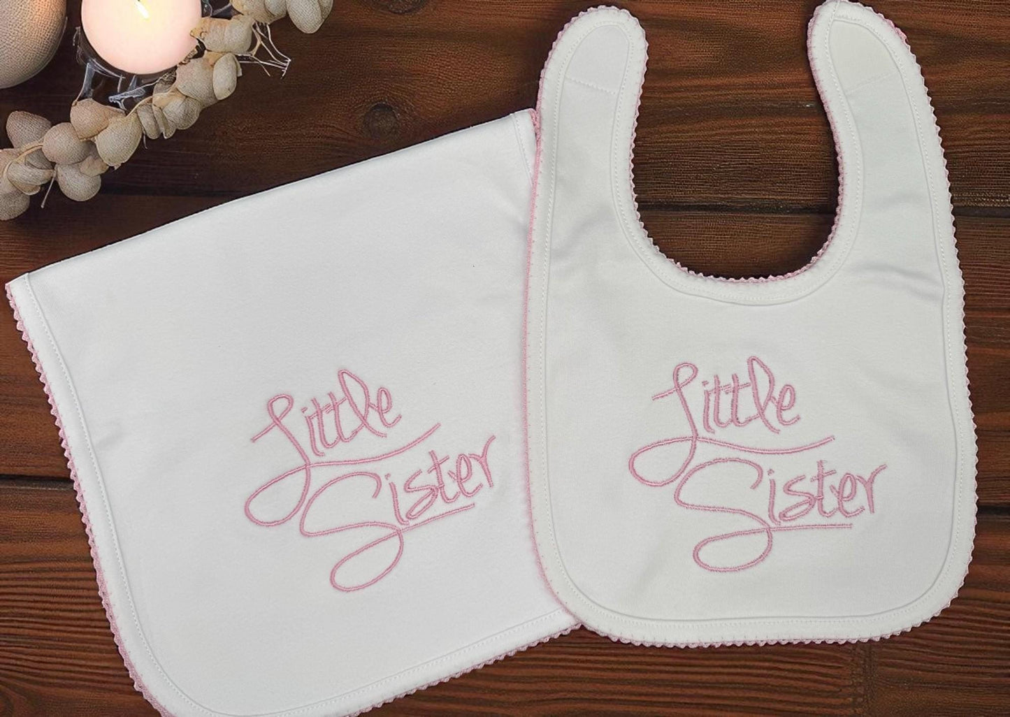 Embroidered Little Sister Outfit: Baby Girl Footie, Bib & Burp Cloth