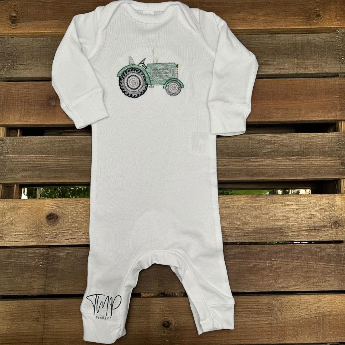 Green Tractor Coverall, Custom Baby Shower Gift, Gift for Baby, Embroidered Green Tractor, Personalized Tractor Coverall, Coming Home Outfit