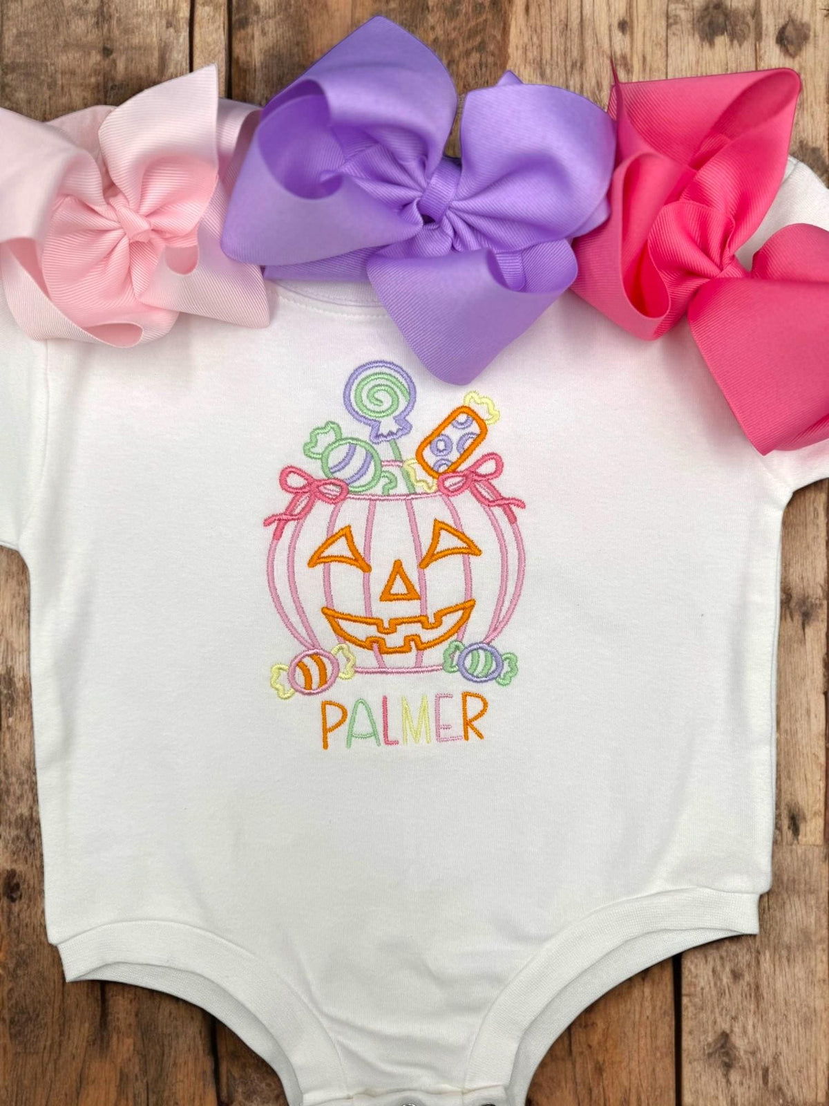 Personalized Halloween Baby Bodysuit: Embroidered Pumpkin Candy Bucket