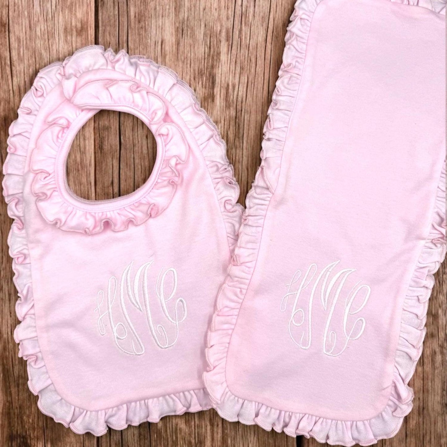 Monogrammed Baby Bib and Burp Cloth Set: Pink or Lavender Ruffle
