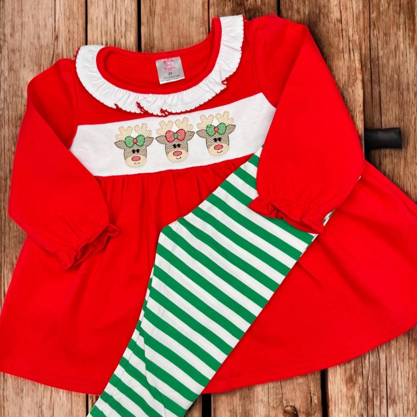 Girls Christmas Reindeer Outfit: Red Tunic & Striped Leggings