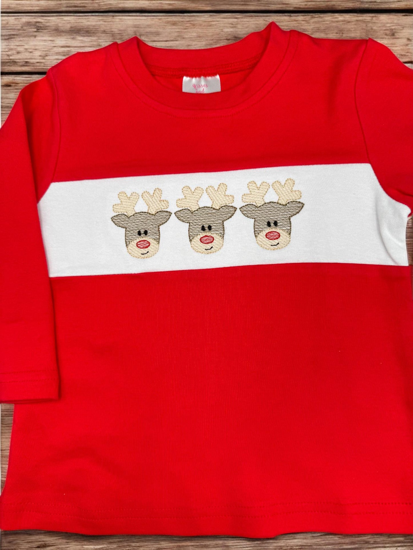 Boys Christmas Reindeer Shirt: Embroidered Red Long Sleeve