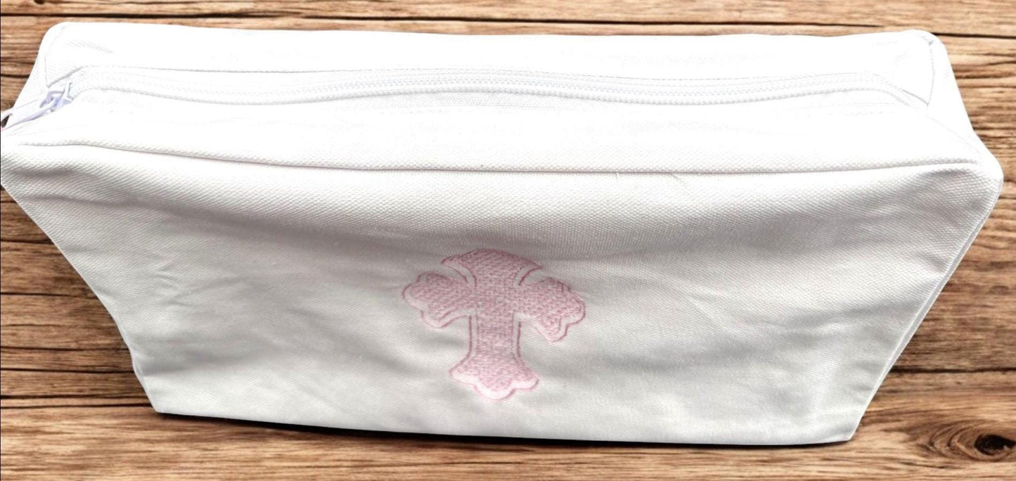 Embroidered Cross Canvas Pouch – Baptism Gift, Cosmetic Bag