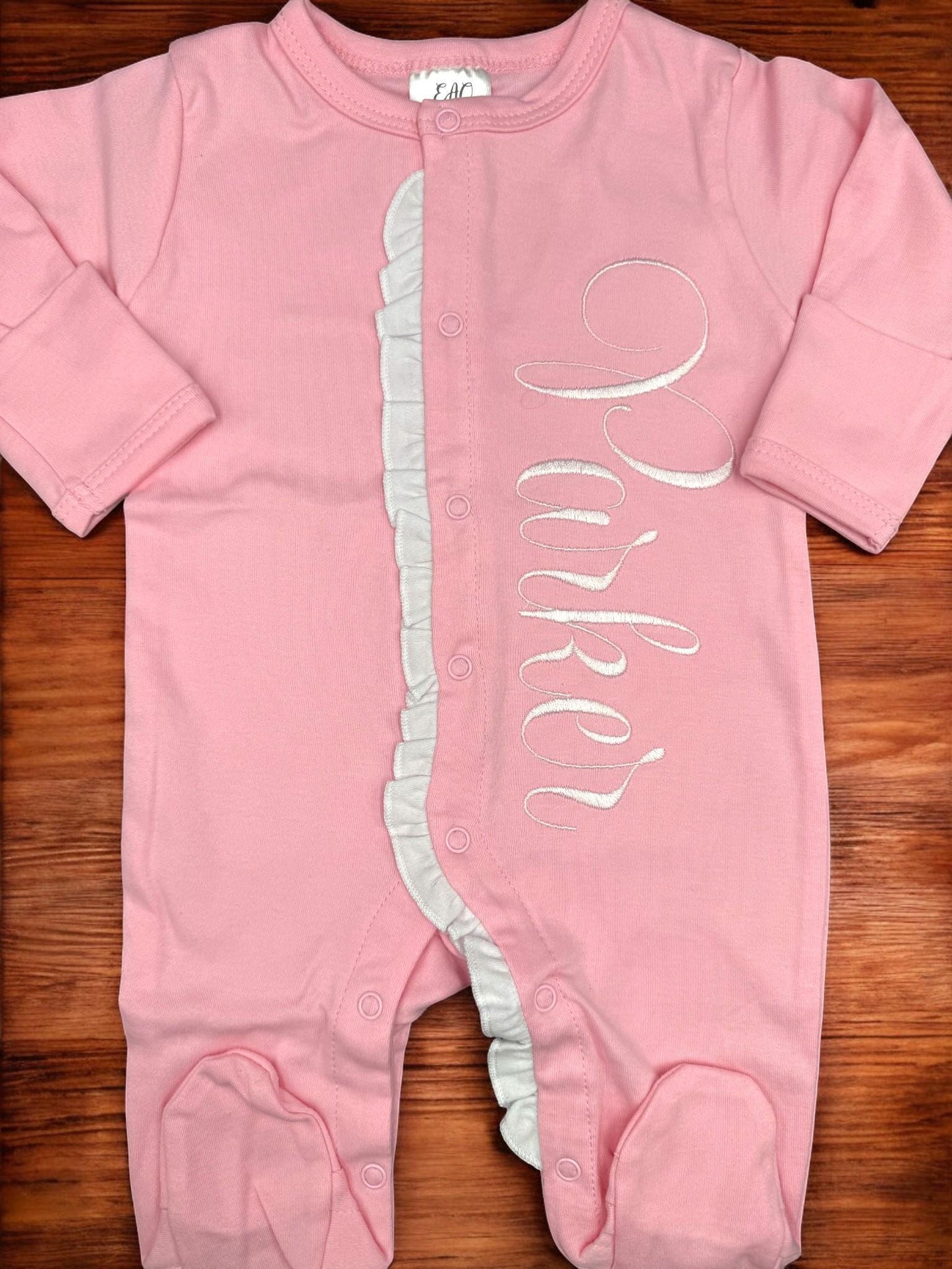 Monogrammed Baby Girl Footie, Pink Ruffle Newborn Outfit
