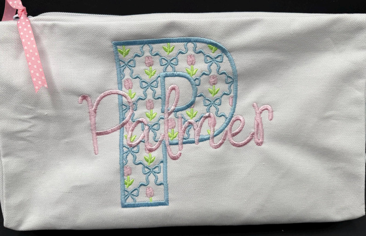 Embroidered Monogrammed Zipper Bag, Cosmetic Bag, Personalized Baby Gift,