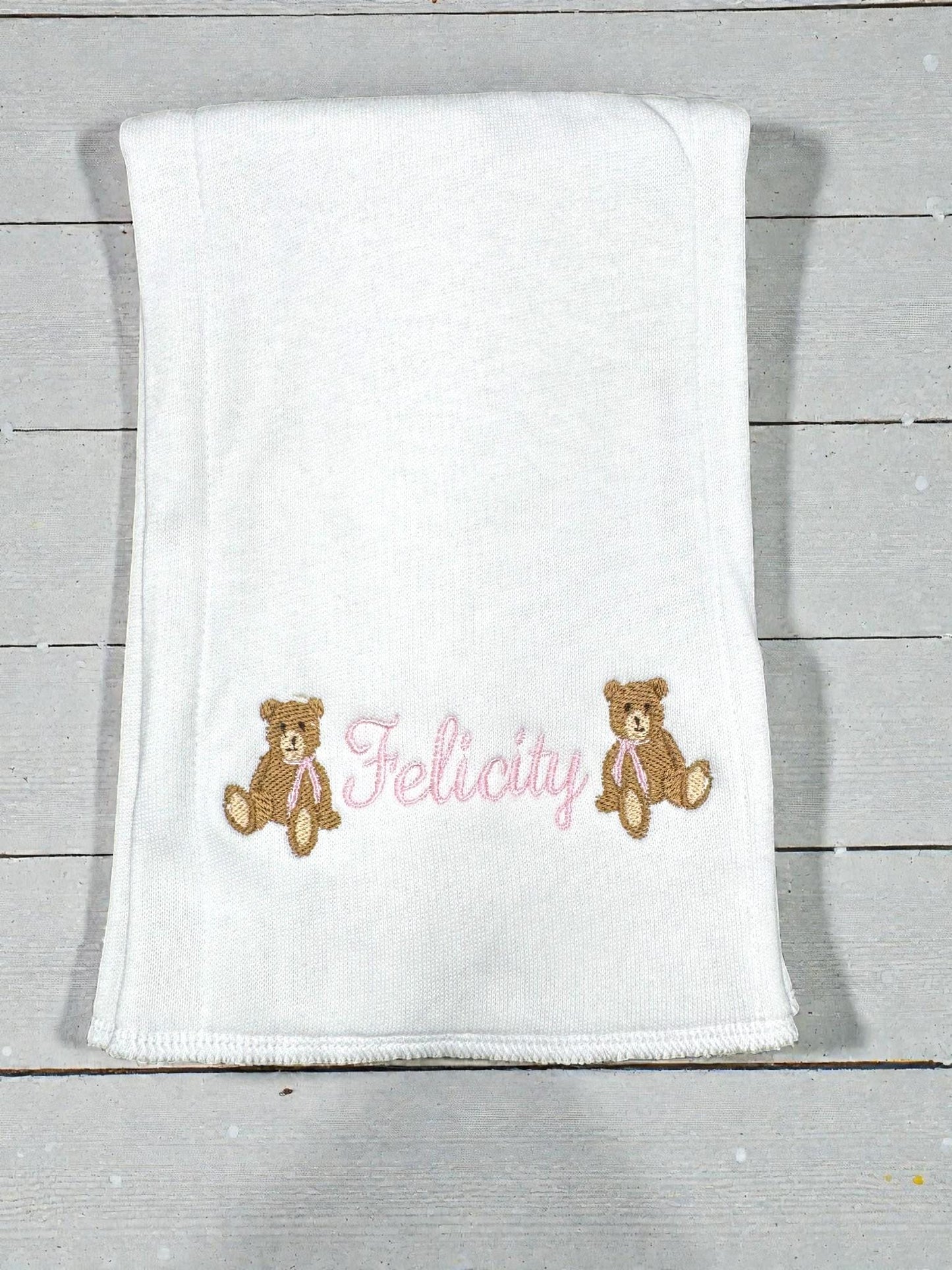 Personalized Baby Girl Footie, Striped Cotton Knit, Teddy Bear Embroidery