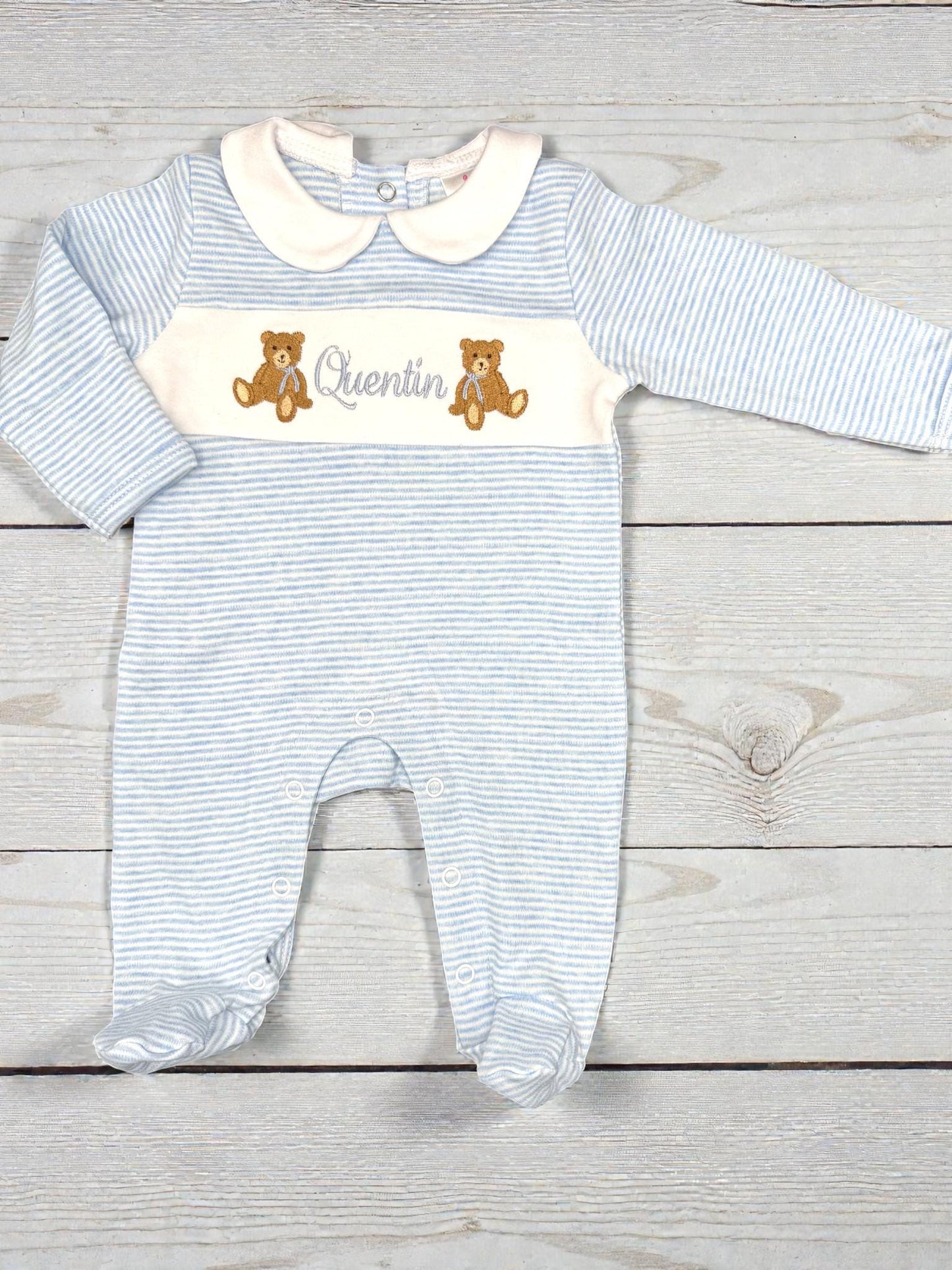 Baby Boy Coming Home Footie, Striped Cotton Footie Romper, Teddy Bear Outfit, Personalize Coming Home Outfit