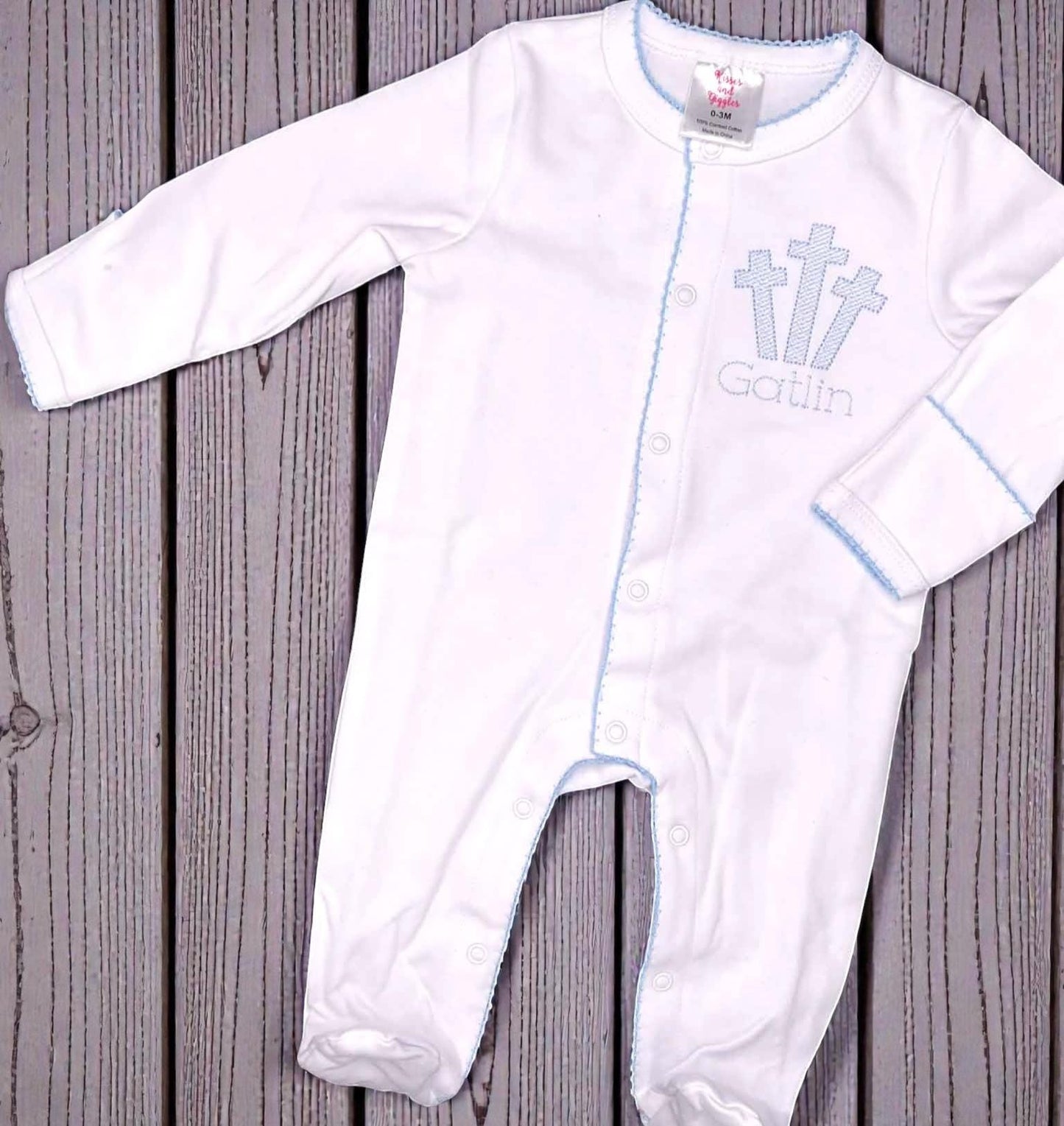 Heirloom Three Cross Baby Footie – Blue Picot Trim | Personalized Christian Newborn Outfit | Baptism Gift