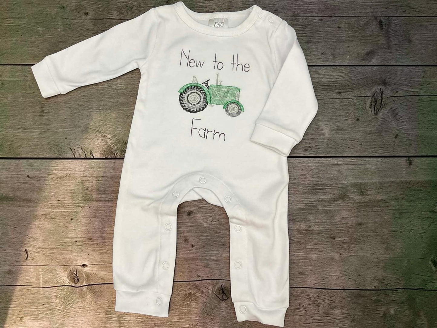 New To The Farm – Tractor Baby Romper | Embroidered Cotton Knit Outfit