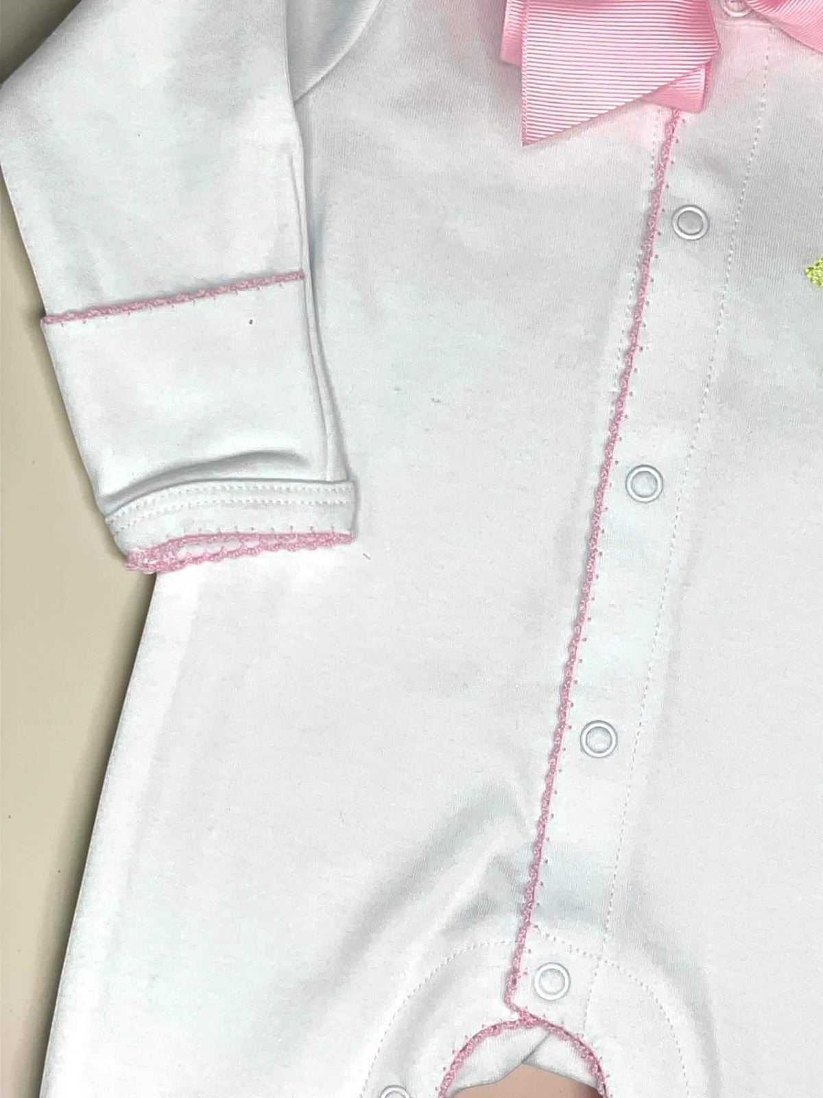 Heirloom Three Cross Baby Footie – Blue Picot Trim | Personalized Christian Newborn Outfit | Baptism Gift