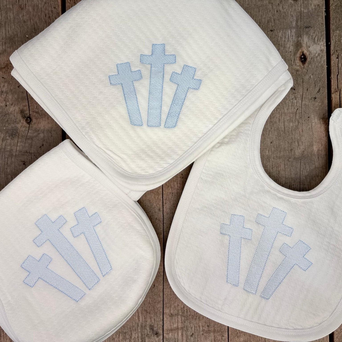 Embroidered Cross Baby Bib, Burp Cloth, Blanket Set, Baptism Gift
