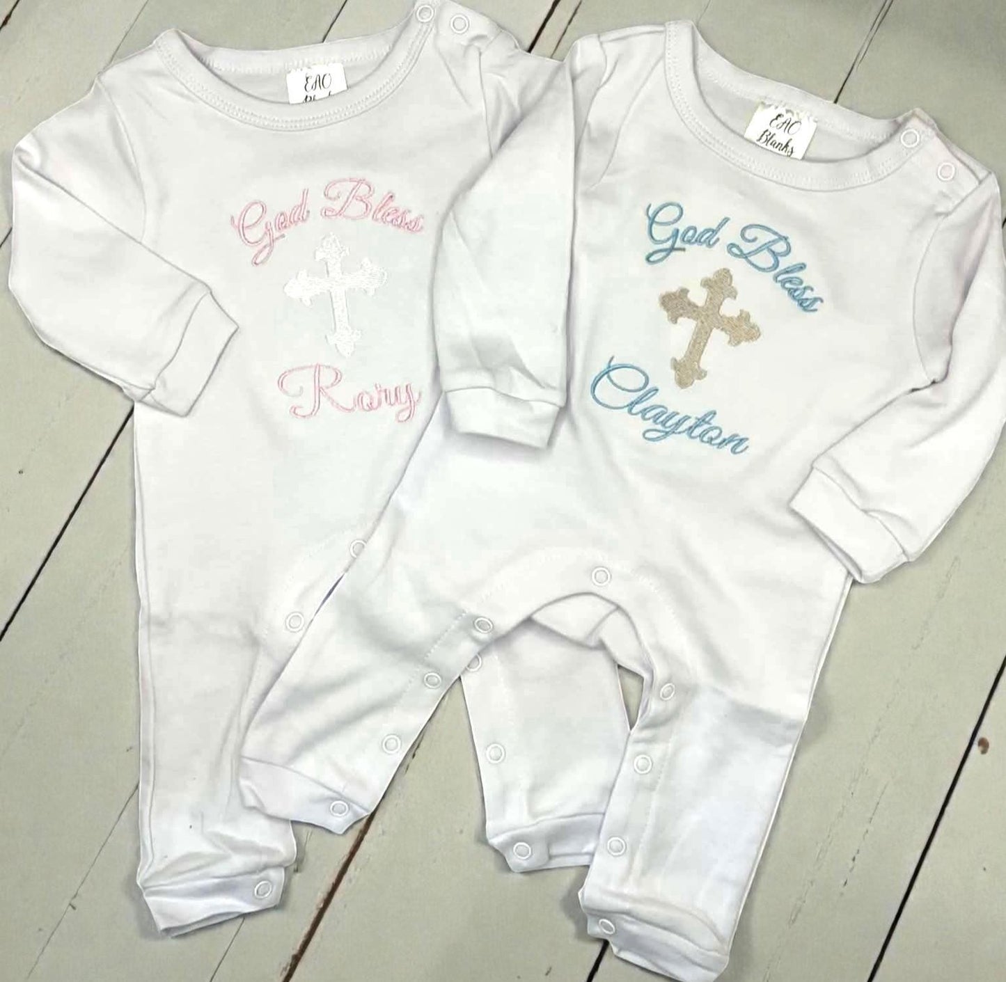 Personalized God Bless Baby Romper | Embroidered Cross Christening Outfit
