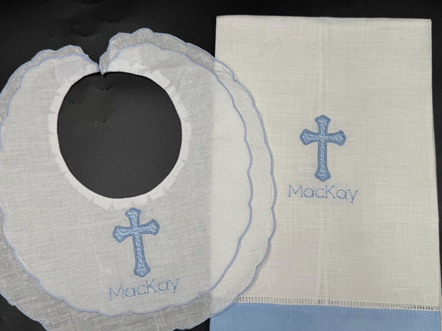 Personalized Embroidered Blue Scalloped Bib and Burp Cloth Set – Baptism Gift
