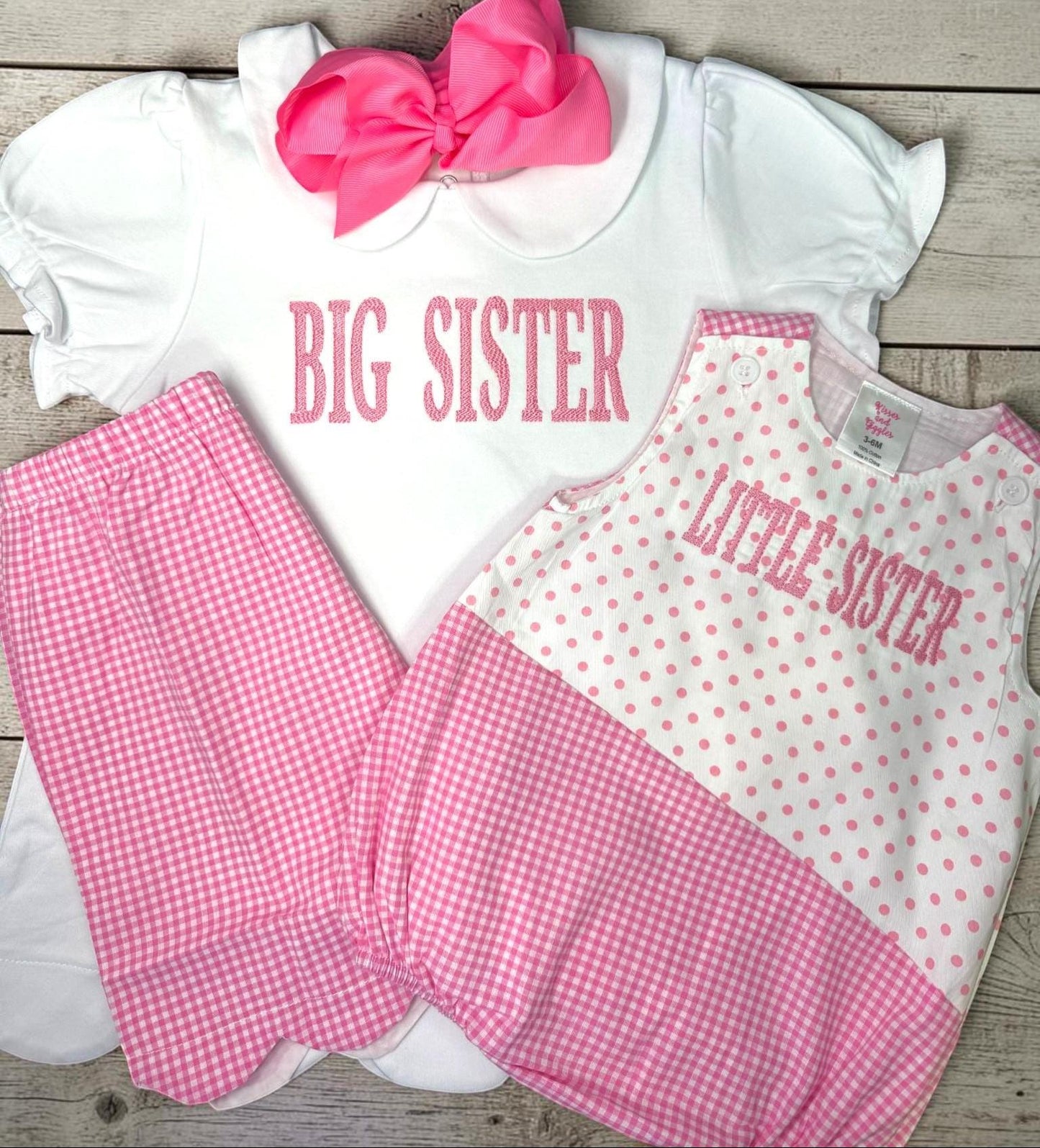 Pink Gingham Scallop Shorts Set | Big Sister Embroidered Top