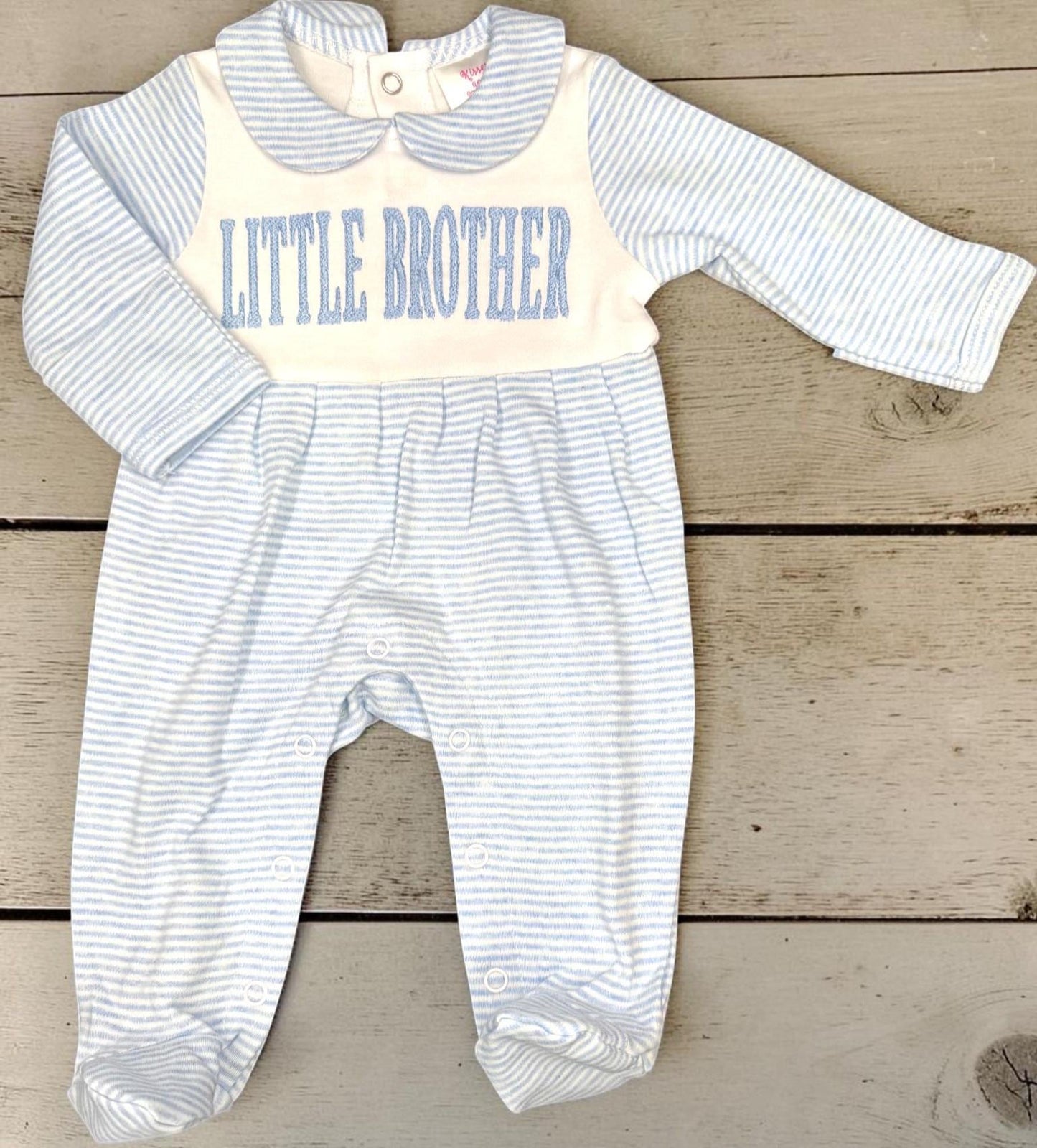 Little Brother Footie Romper, Baby Boy Coming Home Outfit, Blue Stripe Newborn Footie, Little Brother Baby Outfit, Baby Shower Gift