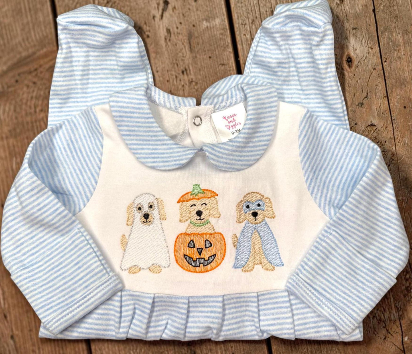 Baby Boy Halloween Romper, Embroidered Puppy Halloween Outfit, Blue Stripe Footed Romper, Pumpkin Ghost Dog Baby Outfit, Fall Baby Clothes