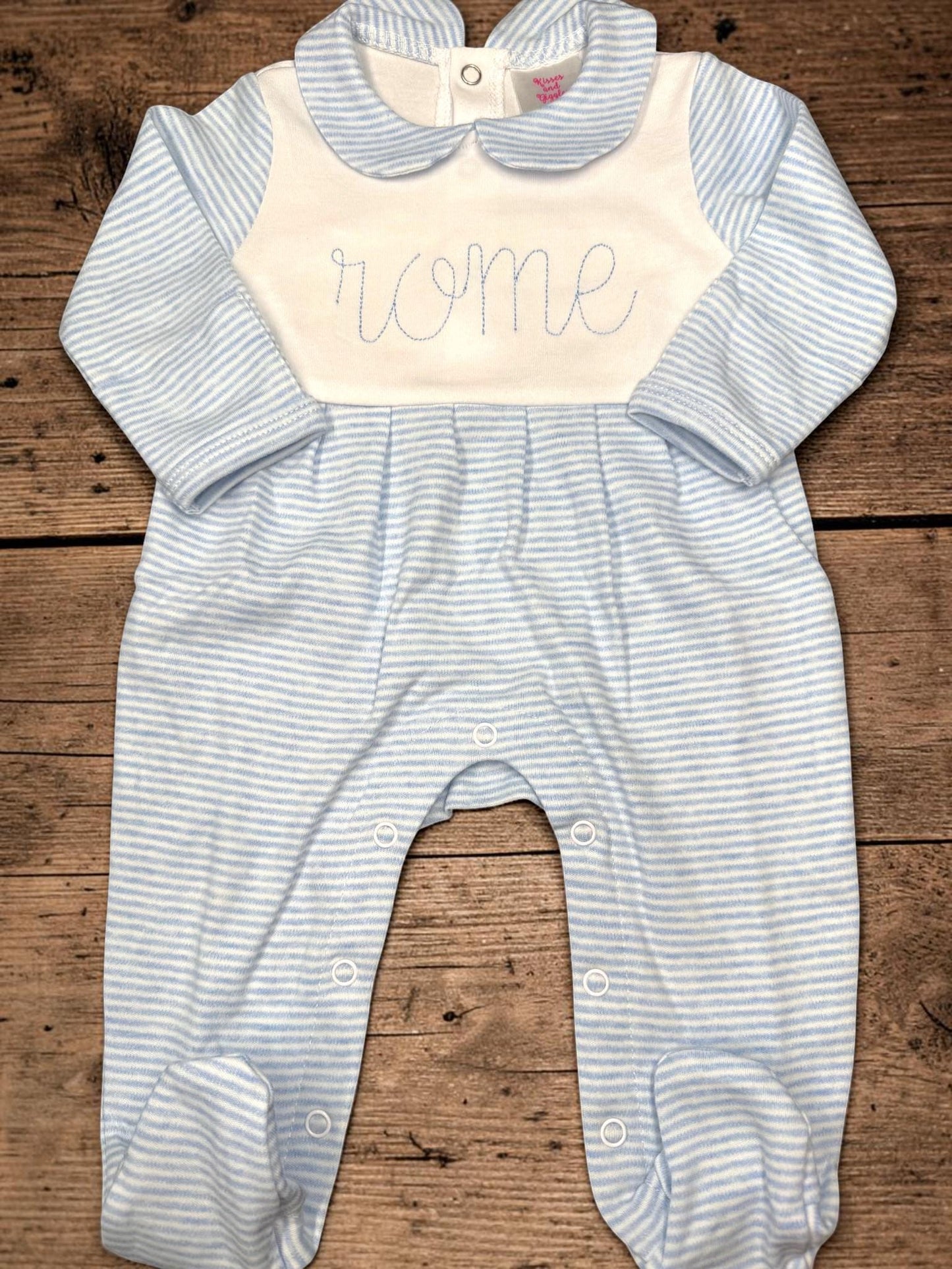 Personalized Baby Boy Footie Romper | Blue Stripe Coming Home Outfit