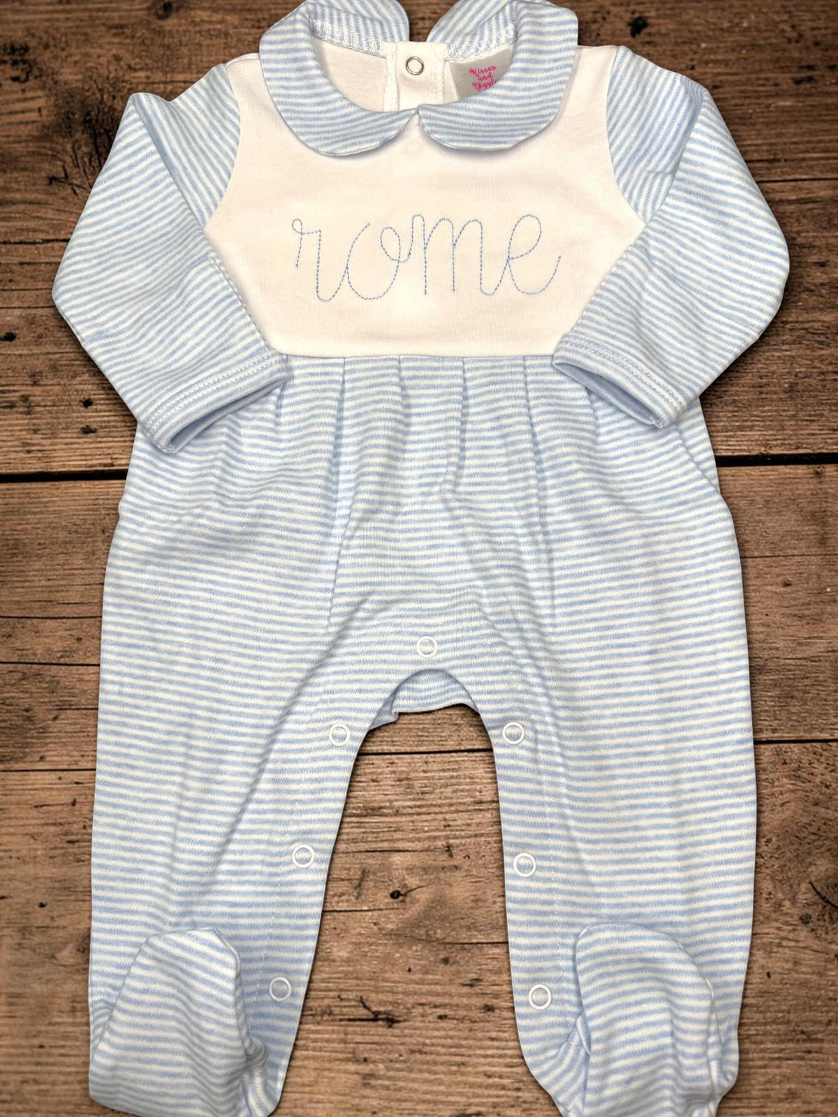 Personalized Baby Boy Footie Romper | Blue Stripe Coming Home Outfit