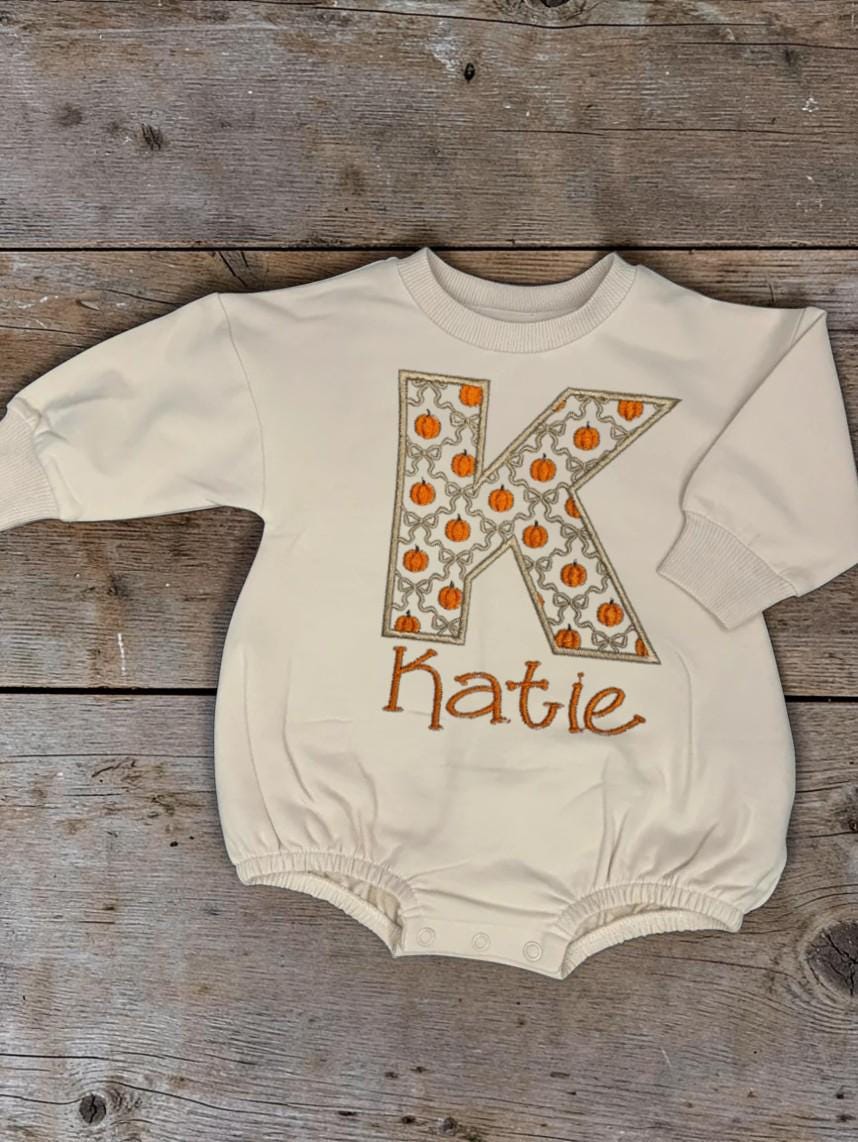 Personalized Pumpkin Baby Romper, Embroidered Initial Fall Outfit, Pumpkin Monogram Bubble, Thanksgiving Baby Girl Outfit