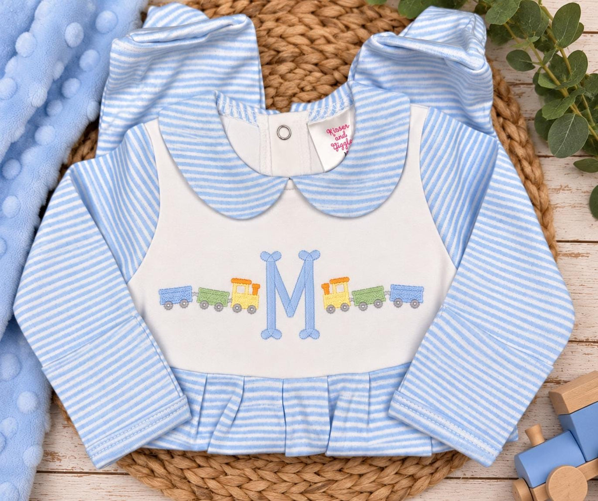 Personalized Baby Boy Footie, Embroidered Train Initial Romper, Blue Stripe Baby Outfit, Monogram Newborn Boy Gift