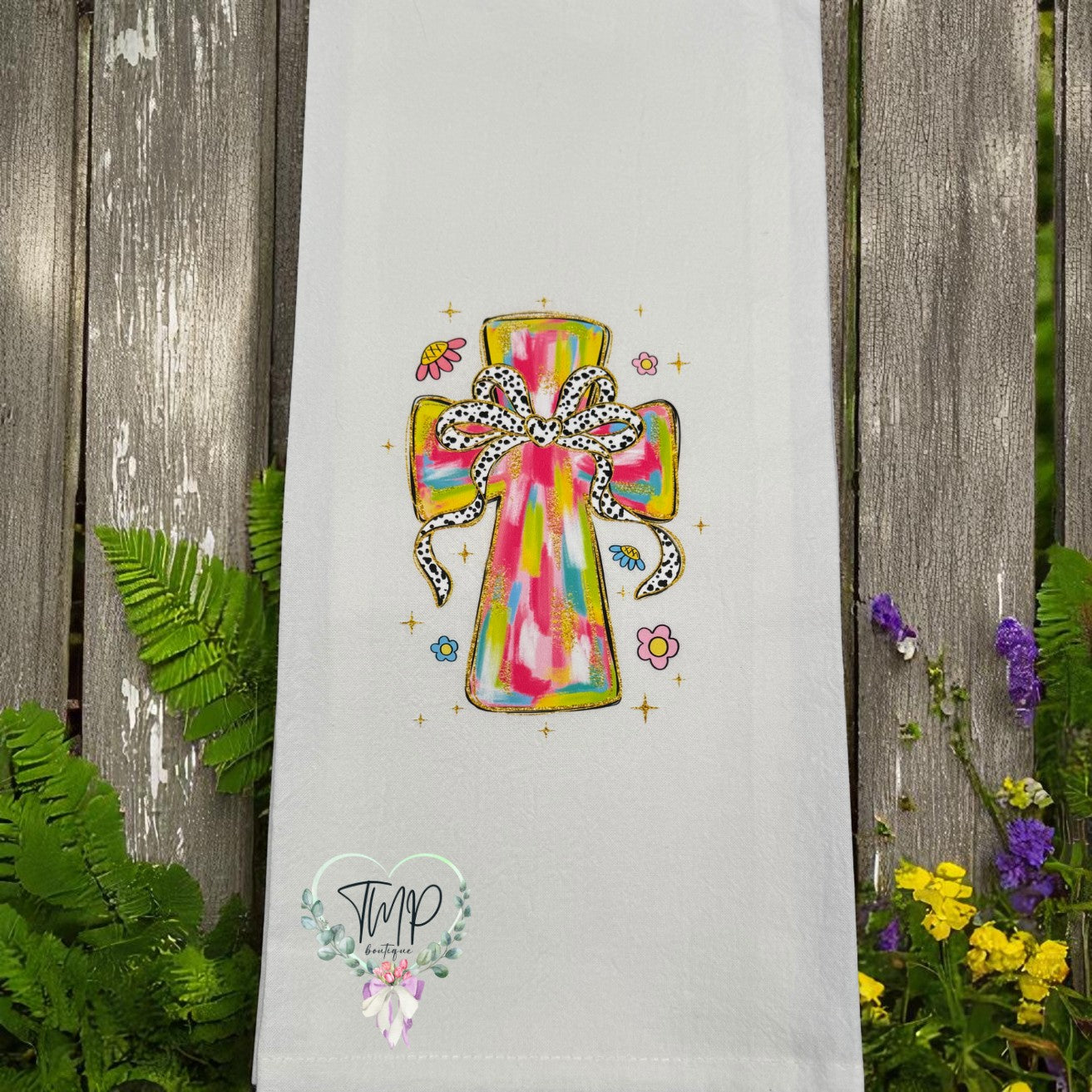 Colorful Cross with Bow Flour Sack Towel