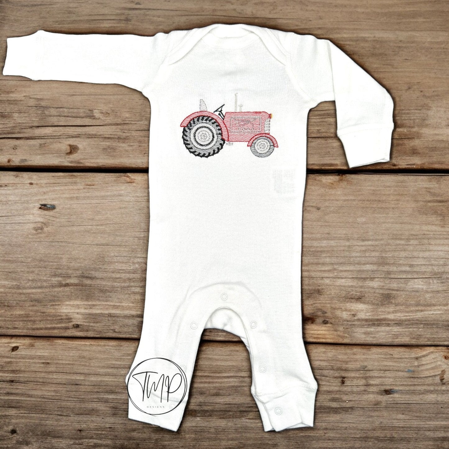 Embroidered Red Tractor Baby Coverall, Personalized Farm Outfit