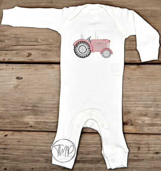 Embroidered Red Tractor Baby Coverall, Personalized Farm Outfit
