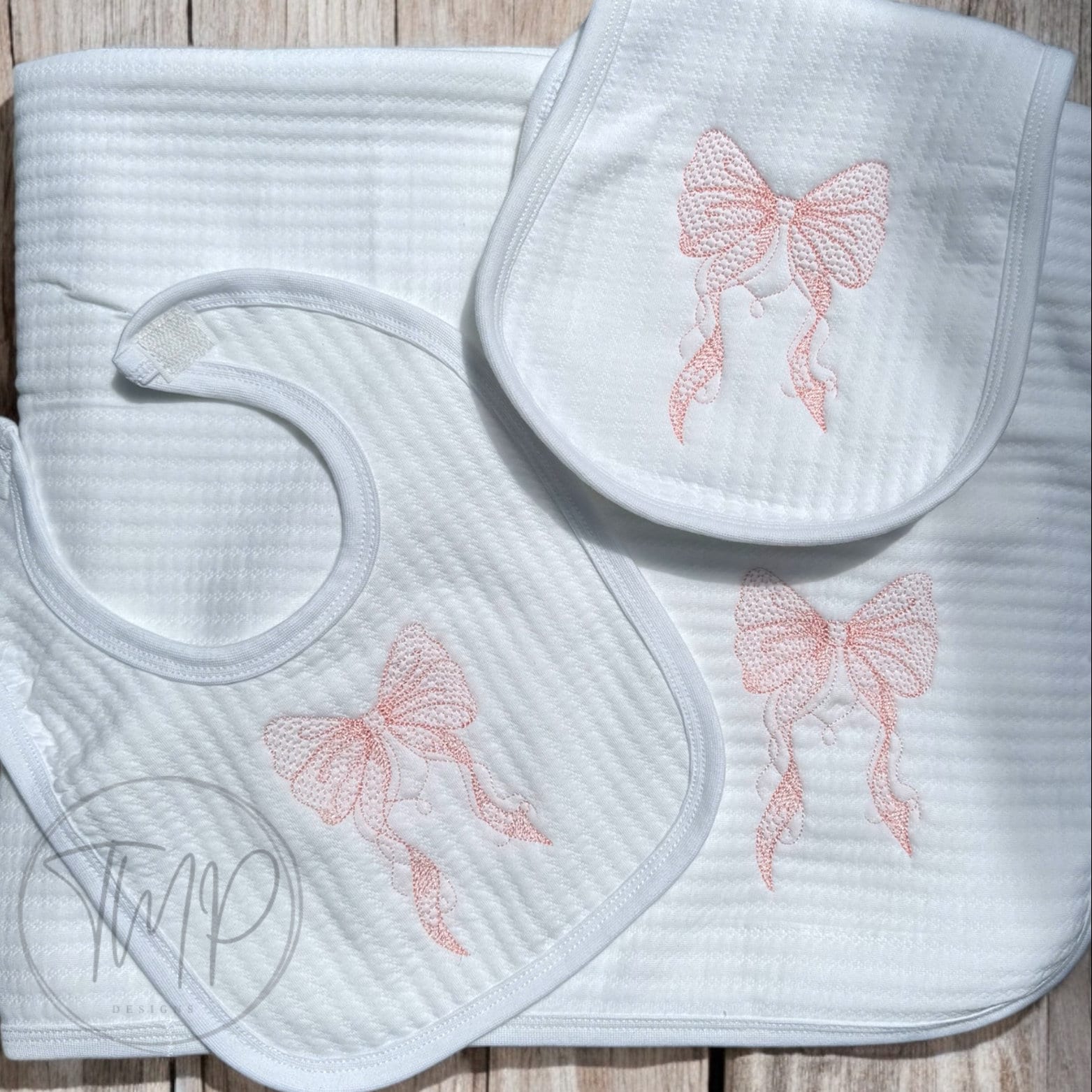 Embroidered Bow Baby Blanket Set, Personalized Jacquard Cotton
