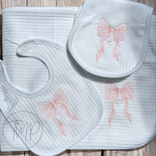 Bow Blanket, Shower Gift, Baby Gift, Newborn Blanket, Embroidered Baby Blanket, Bib, Burp Cloth Set, Personalized Set, Bow Set