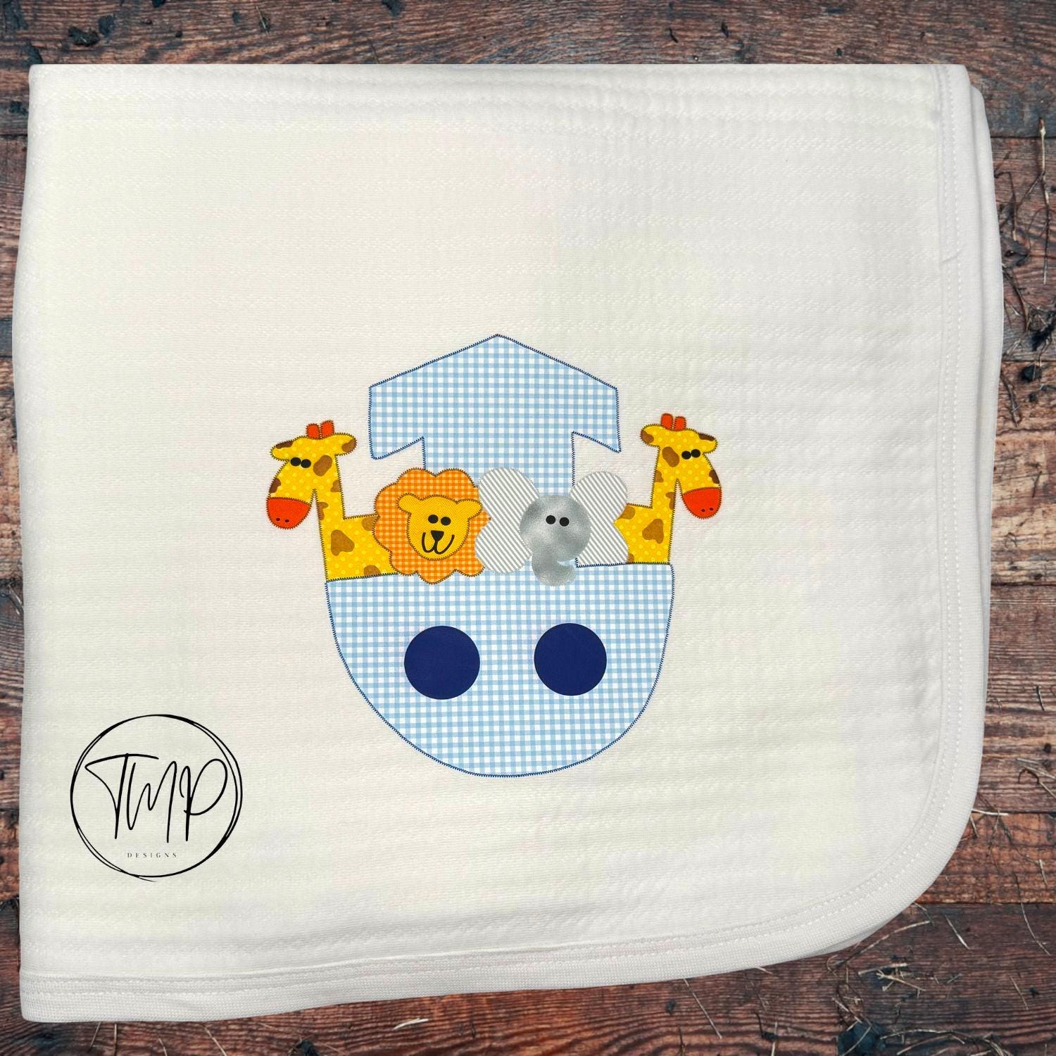 Noah's Ark Baby Blanket Set, Blue Cotton Bib and Burp Pad