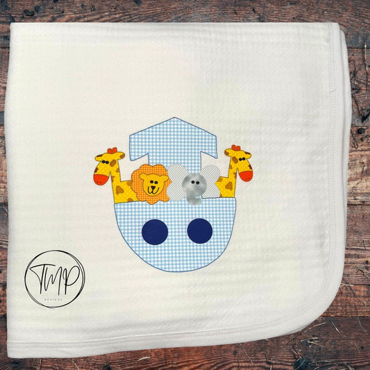 Noah's Ark Baby Blanket Set, Blue Cotton Bib and Burp Pad