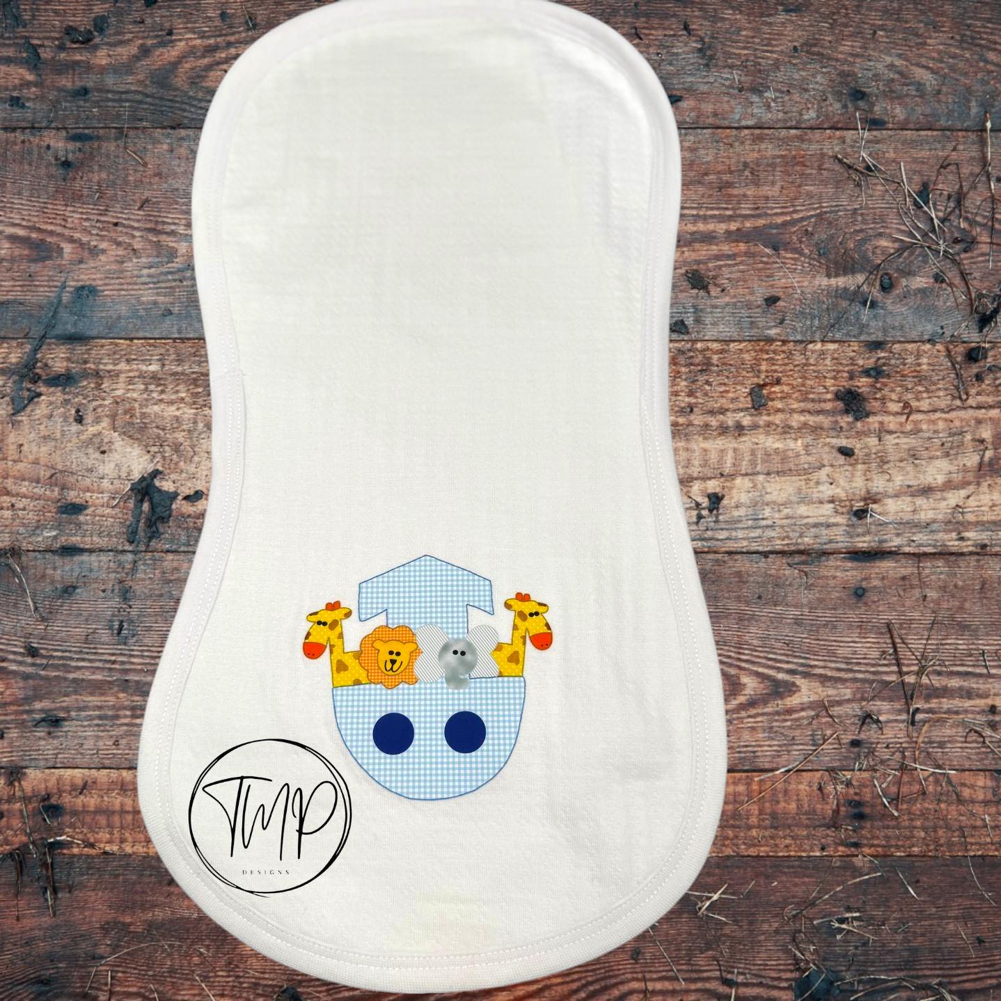 Noah's Ark Baby Blanket Set, Blue Cotton Bib and Burp Pad