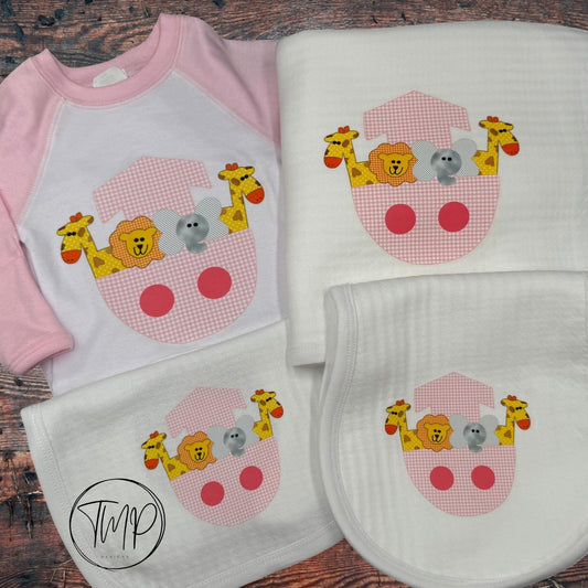Coming Home Baby Set, Pink Noah's Ark Set, Cotton Blanket, Bib, Burp Pad