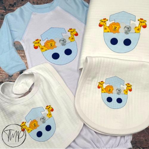 Noah's Ark Baby Blanket Set, Blue Cotton Bib and Burp Pad