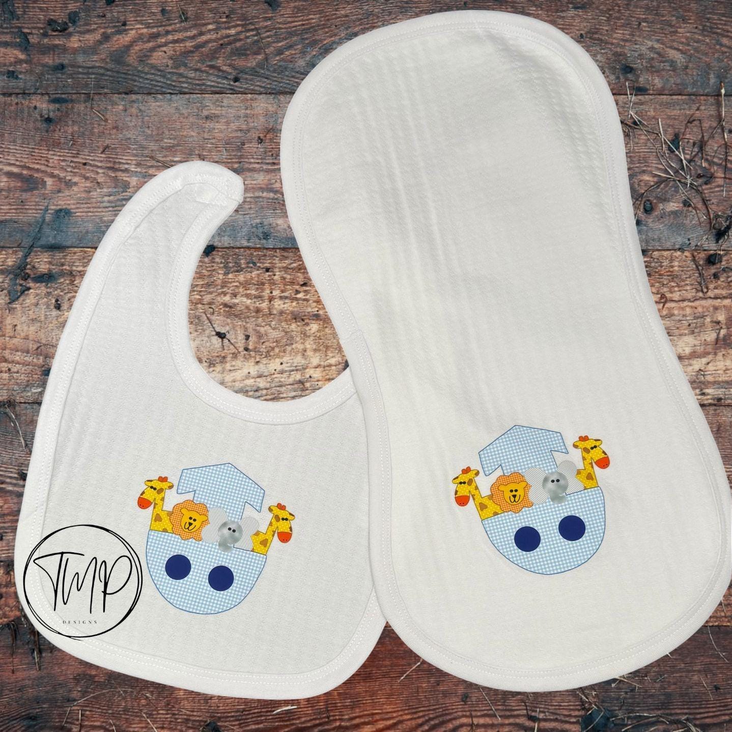 Noah's Ark Baby Blanket Set, Blue Cotton Bib and Burp Pad