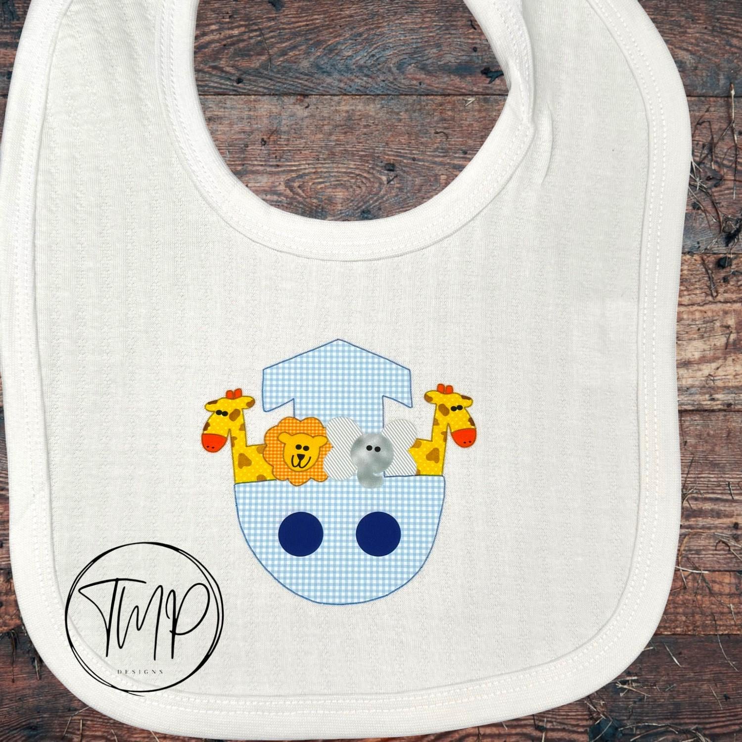 Noah's Ark Baby Blanket Set, Blue Cotton Bib and Burp Pad