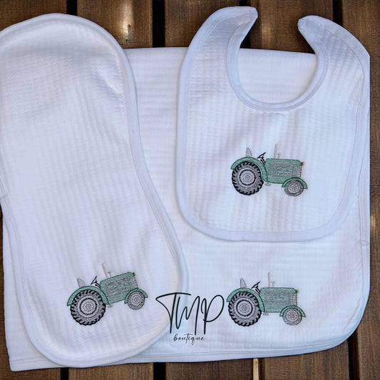 Personalized Tractor Baby Blanket Set: Embroidered Jacquard Cotton