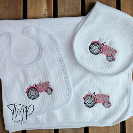 Embroidered Red Tractor Baby Blanket Set: Jacquard Cotton Farm Gift