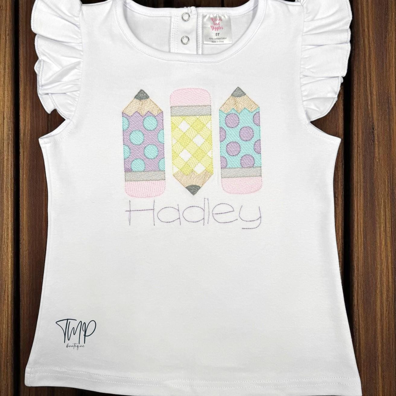 Embroidered Pencil Back to School Shirt: Ruffle Sleeve Cotton Top