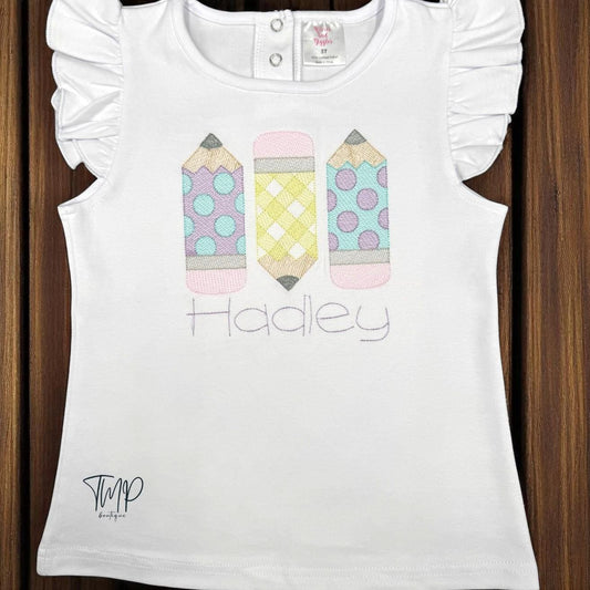 Embroidered Pencil Back to School Shirt: Ruffle Sleeve Cotton Top