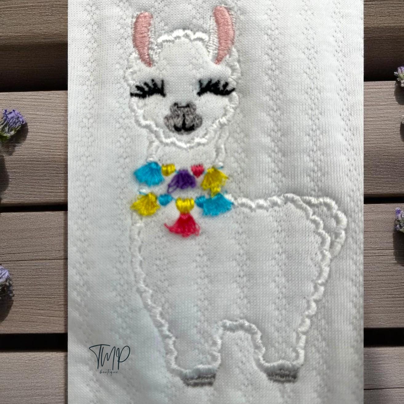 Embroidered Llama Baby Blanket Set, Jacquard Cotton, Personalized Gift