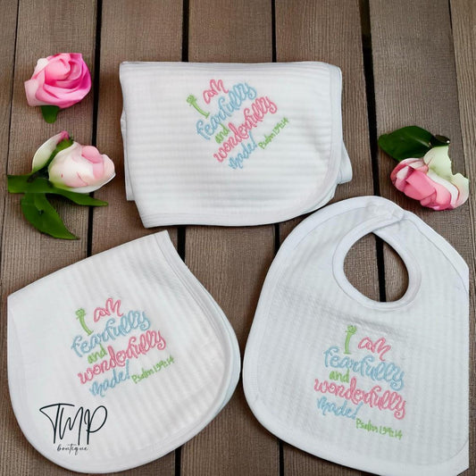 Embroidered Baby Blanket Set, Personalized Bib and Burp Cloth, Psalm 139:14