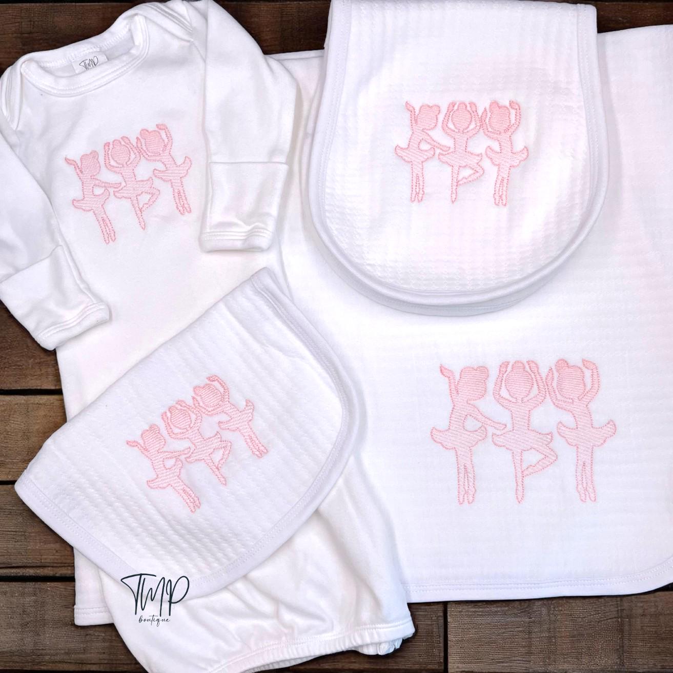 Embroidered Ballerina Baby Set, Cotton Blanket, Bib and Burp Cloth